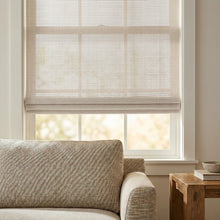 Load image into Gallery viewer, Transform your space with Cordless Woven Wood Shades, featuring a stylish beige striped pattern that effortlessly filters natural light and adds warmth.