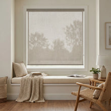Load image into Gallery viewer, Classic Fabric Light Filtering Roller Shades in Beige add warmth and elegance to this modern living room, filtering natural light with ease.