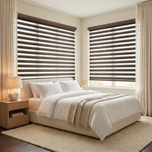 Load image into Gallery viewer, Zebra Light Filtering Roller Shades in beige complement modern bedrooms with minimalist design, providing soft natural light and UV protection
