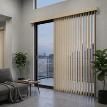 Load image into Gallery viewer, Beige (Recital Beige) Signature Pvc Vertical Blinds installed in a serene living space, providing durable, easy-to-clean window coverage.