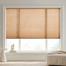 Load image into Gallery viewer, Elegant Beige (Tan) 7 16 Inch Double Cell Light Filtering Shades complementing a inviting living space, providing excellent UV protection and a soft ambient light.