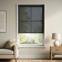 Load image into Gallery viewer, Bold Black Signature solar roller shades with 3% openness, perfect for reducing screen glare in living rooms while providing a sophisticated, high-contrast window treatment.
