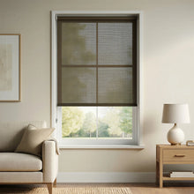 Load image into Gallery viewer, Premium Bronze Black Signature solar roller shades featuring a 3% openness factor, providing superior heat control and a sleek architectural aesthetic to a modern home interior.