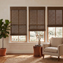 Load image into Gallery viewer, Bronzed Natural Bamboo Shades in deep brown on living room windows