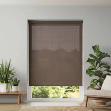 Load image into Gallery viewer, Main view of dark brown Chocolate Signature light filtering roller shades in a bright living room with indoor plants.