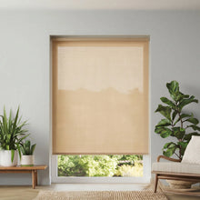 Load image into Gallery viewer, Main view of Brown Coffee Signature light filtering roller shades in a bright living room with indoor plants.