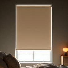 Load image into Gallery viewer, Sophisticated Brown Coffee Signature room darkening shades styled in a minimalist bedroom with neutral accents.