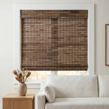 Load image into Gallery viewer, Transform your space with Cordless Woven Wood Shades, featuring warm natural light and a stylish brown bamboo blind, perfect for serene environments.