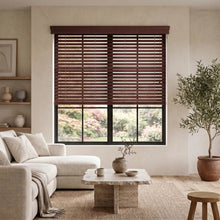 Load image into Gallery viewer, Warm brown hardwood cordless horizontal blinds seamlessly blend with white furniture and decorative accents in this inviting living space, ideal for relaxation.