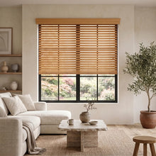 Load image into Gallery viewer, Natural light pours in through the brown hardwood cordless horizontal blinds, perfectly complementing the warm tones of this inviting living room featuring a plush sectional sofa and rich wooden coffee table.