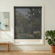 Load image into Gallery viewer, Elegant black Premier 10% Solar Screen Roller Shade adds sophistication and UV protection to this charming beige colored room.