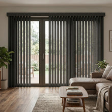 Load image into Gallery viewer, Signature Collection Fabric Vertical Blinds with charcoal exteriors harmonize perfectly with the dark patio ambiance, while allowing natural light and scenic views from the wooden deck.