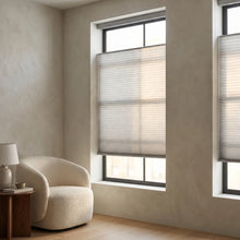 Load image into Gallery viewer, Showcasing Creamy 9 16 Classic Single Cell Light Filtering Cordless Top Downbottom Up Cordless Shades in a modern living room, protecting against UV rays while offering top-down versatility.
