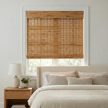 Load image into Gallery viewer, Introducing Cordless Woven Wood Shades, perfectly complementing this serene bedroom's creamy tones and minimalist ambiance with soft, natural light diffusion.
