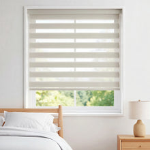 Load image into Gallery viewer, Brighten up your bedroom with Zebra Solar Roller Shades in Creamy White, offering UV protection and a modern touch.