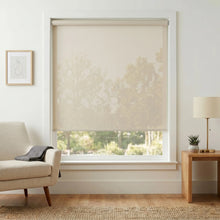 Load image into Gallery viewer, Elevate your Premier 3% Solar Screen Roller Shade experience with creamy white tones, providing UV protection and a touch of warmth in this inviting living room.
