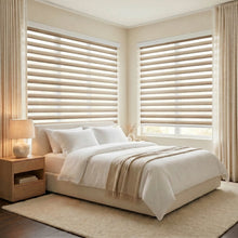 Load image into Gallery viewer, Elevate your bedroom with Zebra Light Filtering Roller Shades in Creamy White, perfect for a serene atmosphere and UV protection.