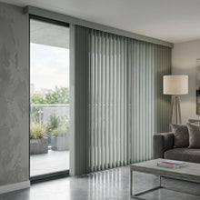 Load image into Gallery viewer, Grey green signature vertical blinds in a luxurious modern living room setting.