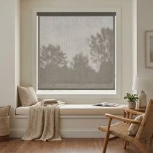 Load image into Gallery viewer, Classic Fabric Light Filtering Roller Shades in gray add modernity and soft filtering to this cozy living room
