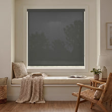 Load image into Gallery viewer, Classic Fabric Light Filtering Roller Shades in gray add modernity and soft filtering to this cozy living room