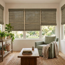 Load image into Gallery viewer, Brazil Nut Natural Bamboo Shades in muted gray on sunroom windows