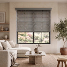 Load image into Gallery viewer, Hardwood Cordless Horizontal Blinds expertly filter natural light through a gray window shade, seamlessly integrating with modern interior design's neutral color palette.