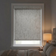 Load image into Gallery viewer, Functional Grey Luxe natural room darkening roller shades featuring a textured weave for a sophisticated window treatment.
