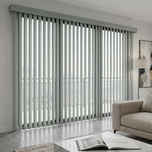 Load image into Gallery viewer, Light Gray (Compose Grey Haze) Signature Pvc Vertical Blinds providing a structured touch to this serene living space, ideal for expansive windows requiring versatile light management.