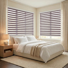 Load image into Gallery viewer, Elevate your bedroom style with Zebra Light Filtering Roller Shades' Rich Plum hue, perfect for adding a pop of color and filtering natural light.