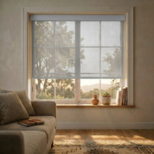 Load image into Gallery viewer, Peaceful living room scene featuring Snow Grey Signature solar roller shades with 5% openness, creating a diffused lighting effect that complements soft neutral decor and indoor plants.