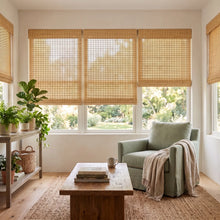 Load image into Gallery viewer, Allspice Natural Bamboo Shades in warm tan on sunroom windows