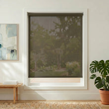 Load image into Gallery viewer, Enhance your Premier 10% Solar Screen Roller Shade's warm brown hue in this cozy living room, perfect for filtering sunlight and controlling light entry while protecting against UV rays.