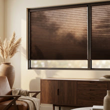 Load image into Gallery viewer, This warm living space is enhanced by Warm Brown (Dark Chocolate) 7 16 Inch Double Cell Light Filtering Shades, filtering out harsh glare to create an inviting atmosphere.