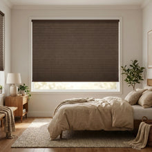 Load image into Gallery viewer, Warm Brown (Espresso) 1 2 Inch Budget Single Cell Blackout Cordless Shades installed in a modern bedroom, ensuring a perfectly dark and restful environment.