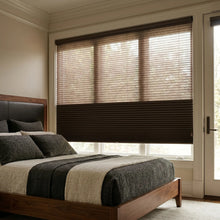 Load image into Gallery viewer, Styling a serene bedroom with Warm Brown (Java) 5 8 Daynight Single Cell Cellular Cordless Shades, delivering elegant light diffusion and daytime privacy.
