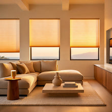 Load image into Gallery viewer, Sunlight hits the Warm (Daylight) 7 16 Inch Double Cell Light Filtering Shades in this modern living room, casting a serene, filtered light across the room.
