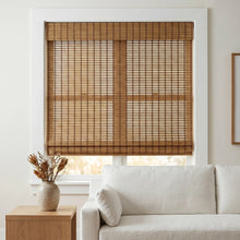 Load image into Gallery viewer, Illuminate your space with Cordless Woven Wood Shades, perfectly harmonizing with crisp white trim frames for a serene ambiance.
