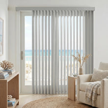 Load image into Gallery viewer, A look at White (Kathy Gray) Premier Pvc Vertical Blinds inside a serene living room, offering excellent light control and privacy for large spaces.