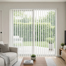 Load image into Gallery viewer, View of a modern living space with White (Living Room Vertical Blinds) Classic Curved Pvc Smooth Vertical Blinds, delivering sleek functionality and room-darkening capabilities.