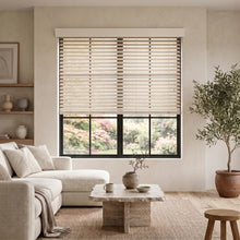 Load image into Gallery viewer, Natural light pours into this serene space, where Hardwood Cordless Horizontal Blinds effortlessly filter the warmth with their crisp White slats, creating a calm atmosphere.