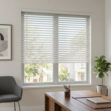 Load image into Gallery viewer, A cozy living room featuring White (Yellow White) Classic Cordless 8g Aluminum Mini Blinds, offering a sleek, moisture-resistant window treatment.