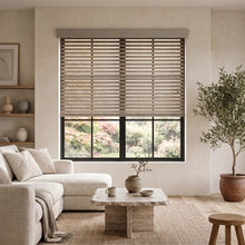 Load image into Gallery viewer, A wooden blind in a rich wooden tone, Hardwood Cordless Horizontal Blinds effortlessly control light and add warmth to this inviting living room sanctuary.