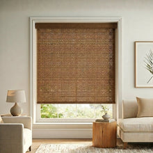 Load image into Gallery viewer, A beautiful installation of Woodland Warm Brown Cedar Luxe woven wood-look light filtering shades in a nature-inspired interior.