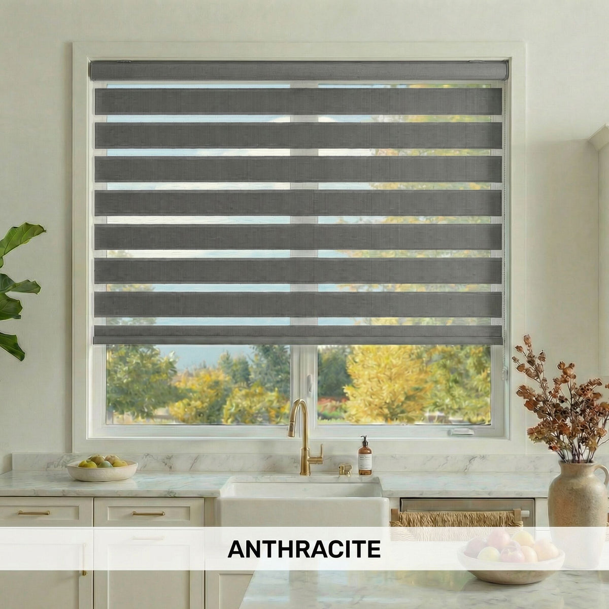 Kitchen window with zebra blinds labeled 'Anthracite', showing a view of trees outside.