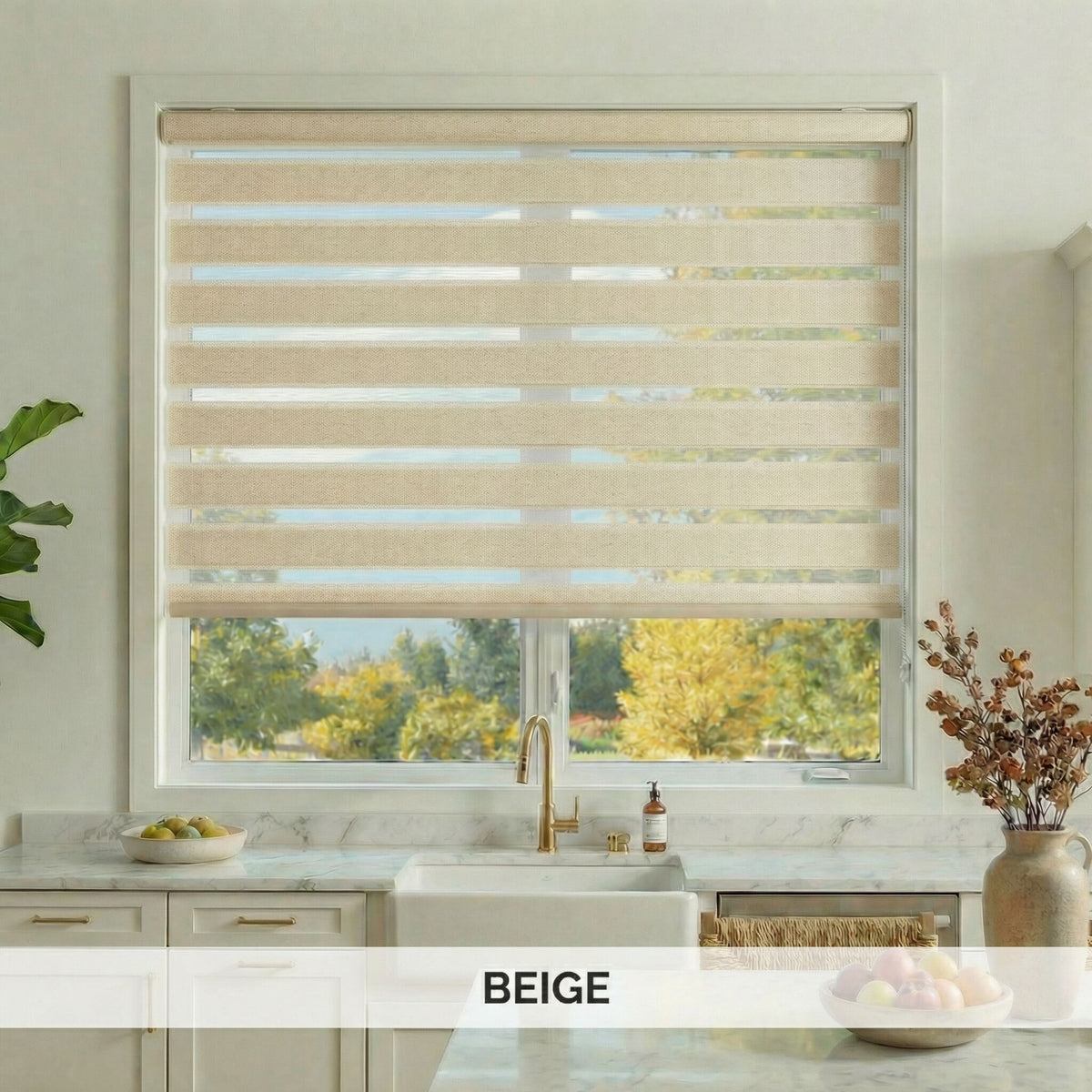 Beige zebra blinds in a kitchen window with a view of trees outside.