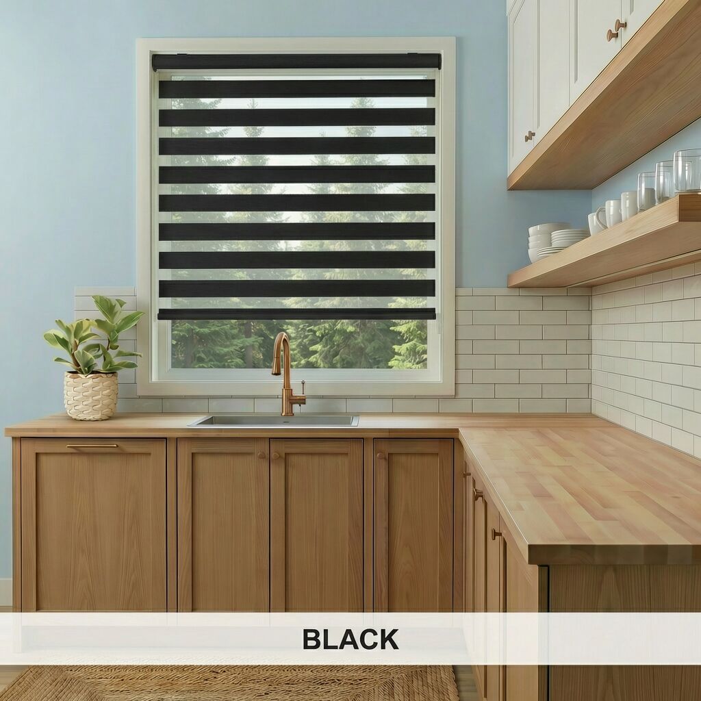 Kitchen with black Zebra Solar Roller Shades, wooden cabinets, and a plant.