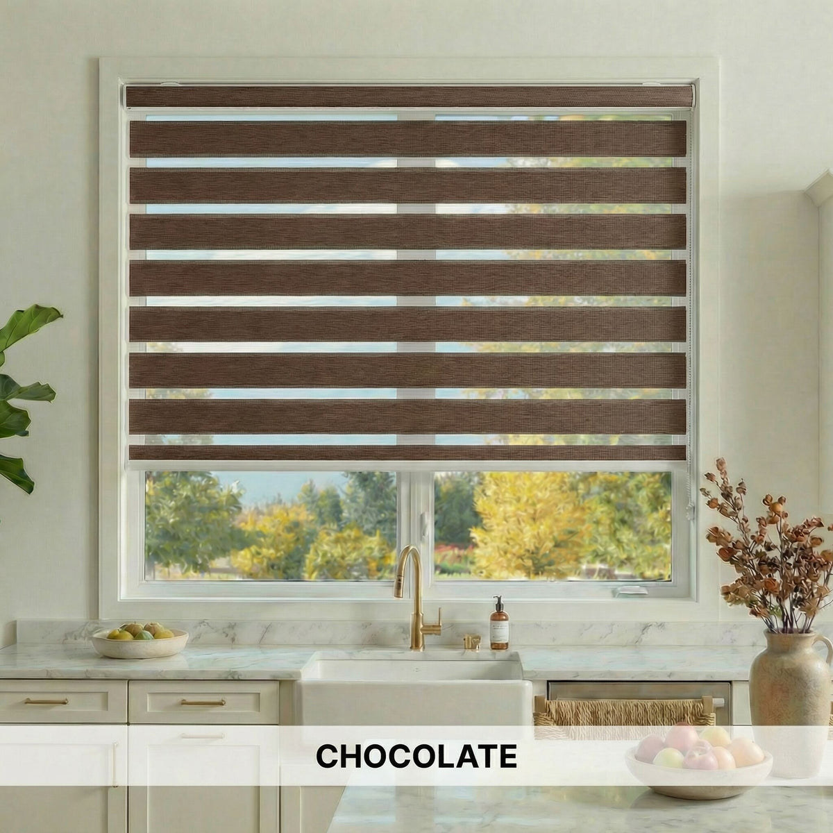 Chocolate-colored zebra blinds in a kitchen with a window view.