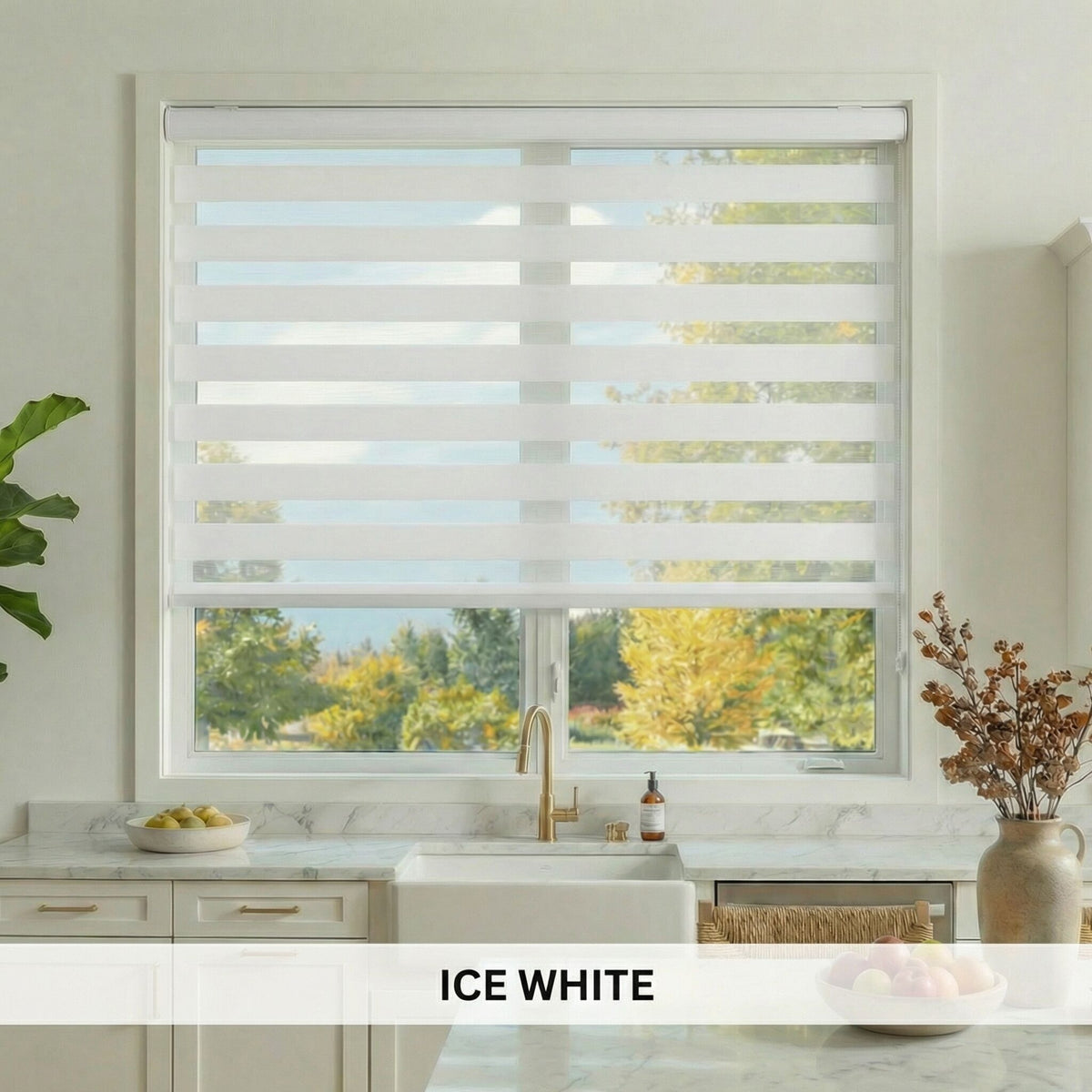 Window with ice white blinds in a kitchen setting
