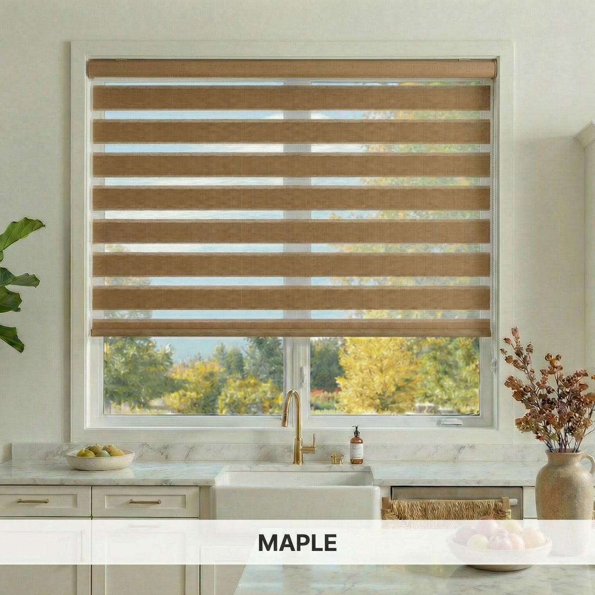 Window with maple-colored striped blinds in a kitchen setting