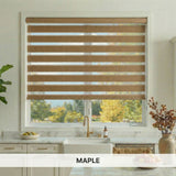 Window with maple-colored striped blinds in a kitchen setting